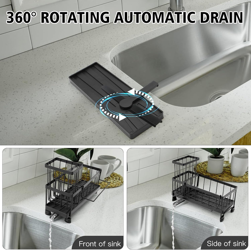 Sink Organizer for Kitchen, Kitchen Sink Organiser with Automatic Drain Tray with Two Sponge Holders, Sponge Holder