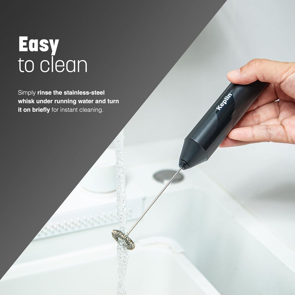 Handheld Milk Frother - Stainless Steel Electric Whisk - Portable Battery-Operated Coffee Frother for Lattes, Matcha, Protein Shakes - Ergonomic, Compact, Easy to Clean (Black)