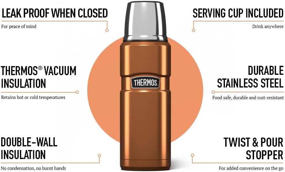 Thermos Stainless King 470ml Multi- Purpose Thermos Flask - Original-Style Flask can be used as Travel Mug or Insulated Water Bottle for Daily Commute & Weekend Adventures – Copper