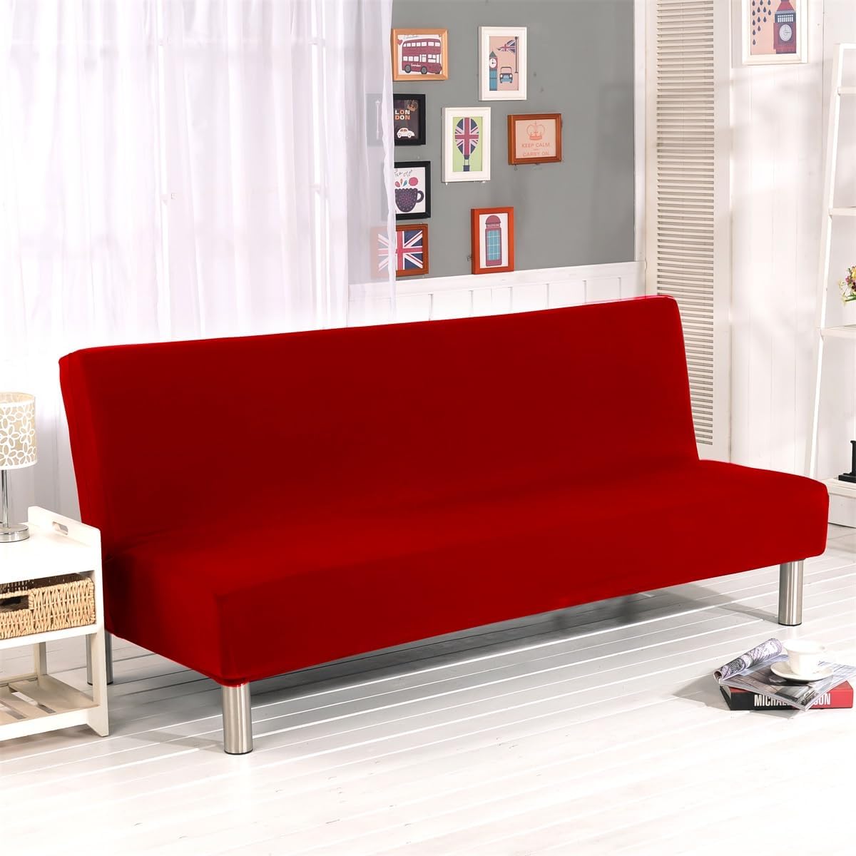 Solid Colour Armless Sofa Bed Cover Polyester Spandex Stretch Futon Slipcover Protector 3 Seater Elastic Full Folding Couch Sofa Cover fits Folding Sofa Bed without Armrests 80" x 50" in…