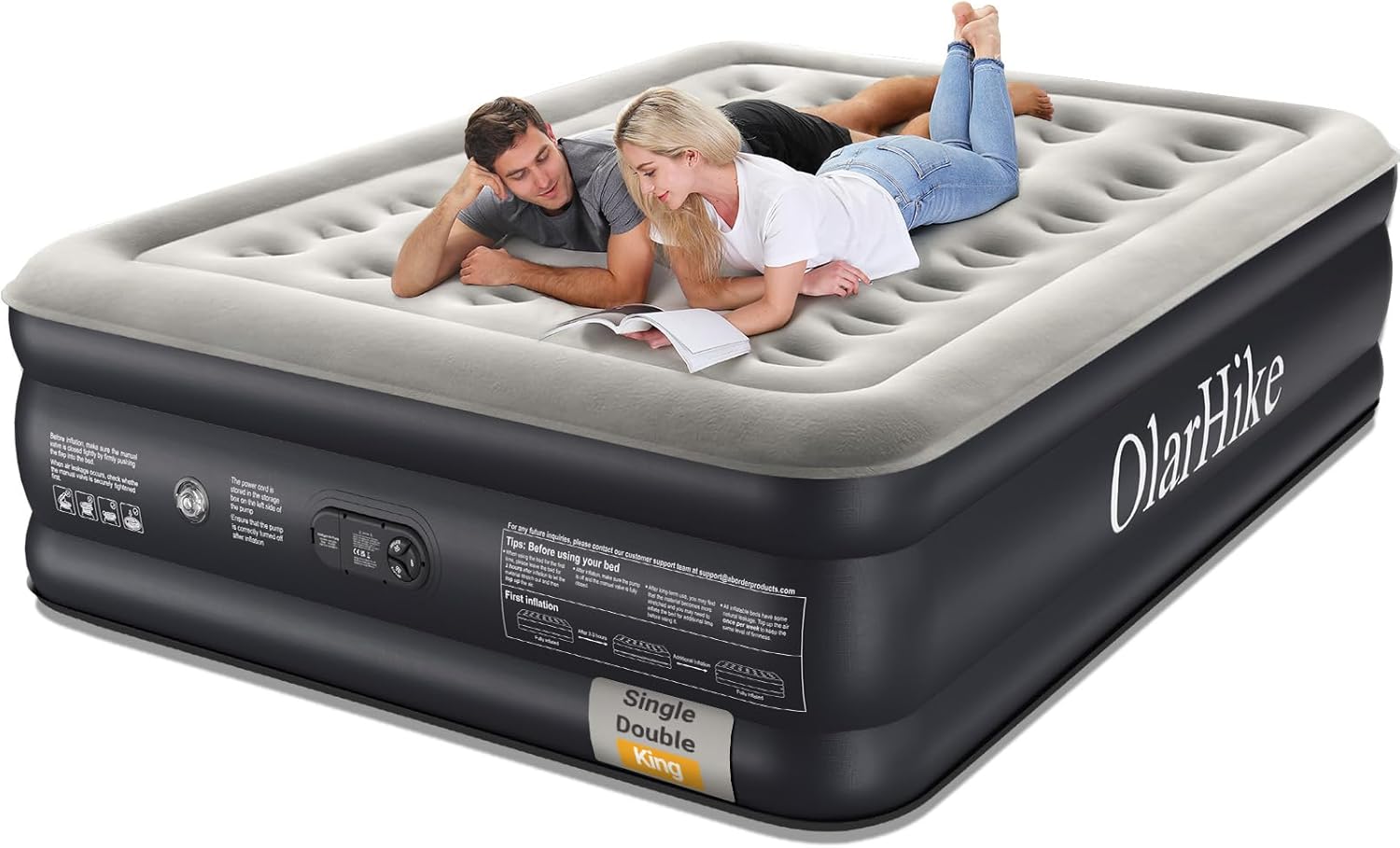 Inflatable Mattress, Air Bed with Built-in Electric Pump, King Size Blow Up Self Inflating Guest Airbed with Flocked Surface for Camping or Home Use, 202cm L x 151cm W x 46cm H(Black) Main image