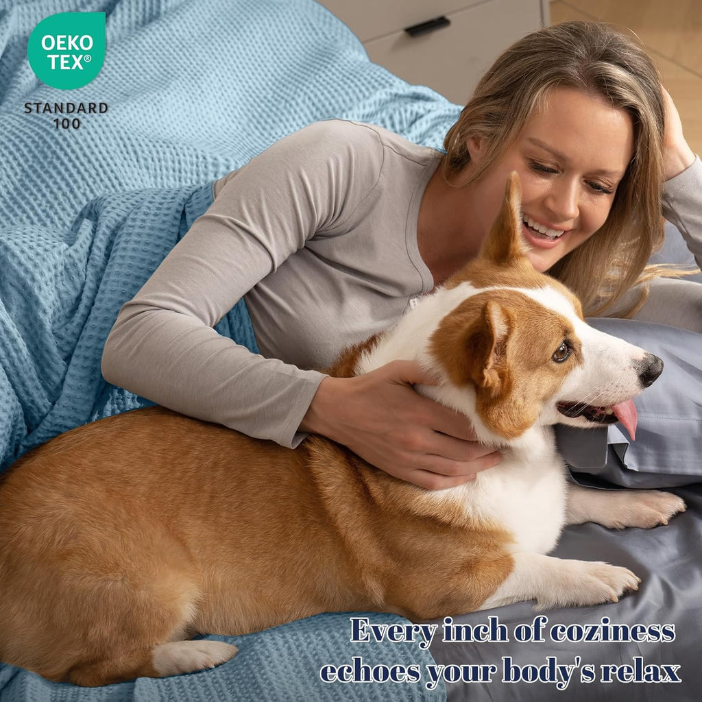 100% Cotton Waffle Weave Blanket SuperKing Size 230 x 270cm, Pre-Washed Lightweight Breathable Throw Blanket, Oeko-TEX Certified for Bed Couch Sofa, Home Decor, Dusty Blue