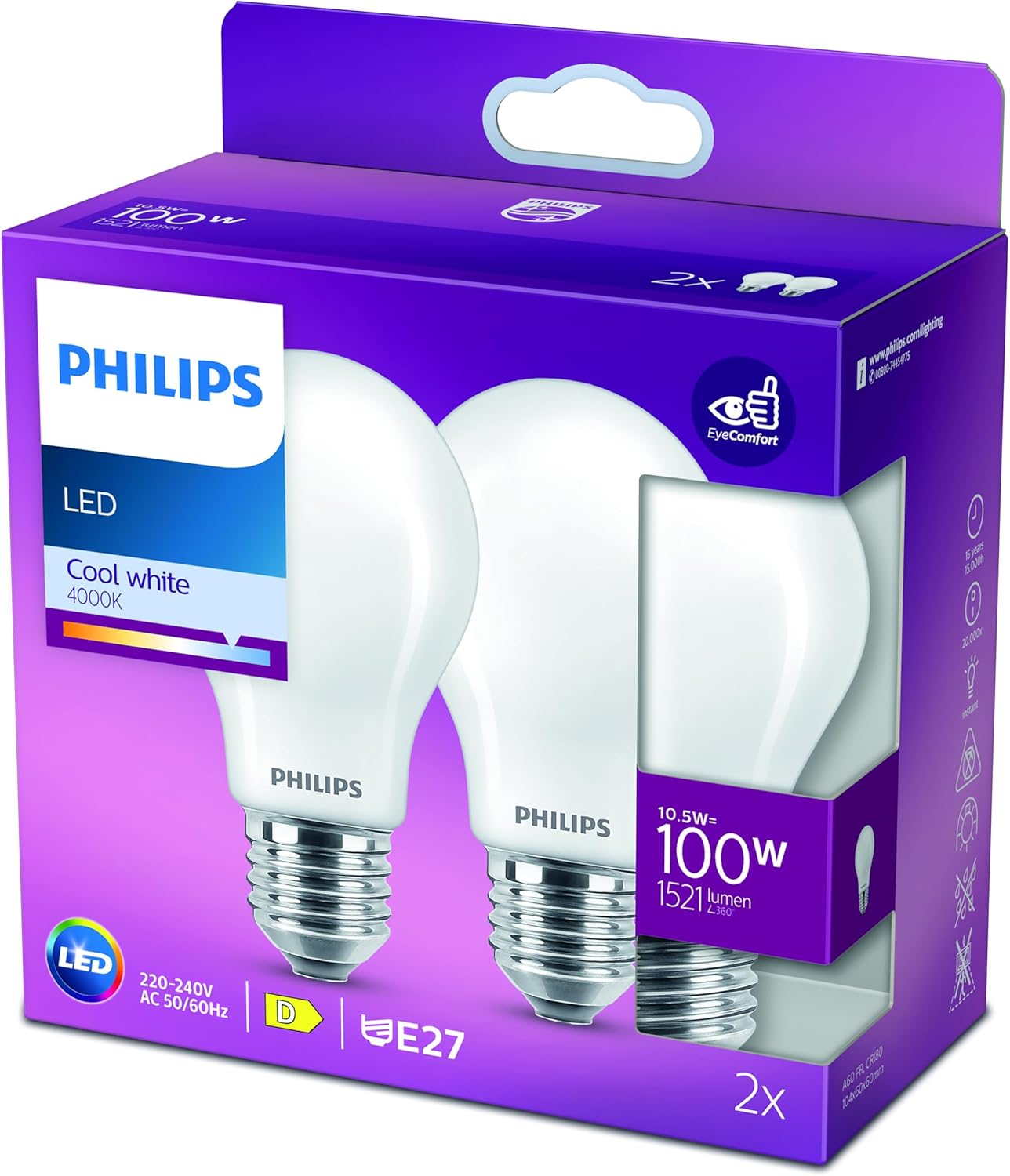 LED Classic A60 Frosted Light Bulb 2 Pack [E27 Edison Screw] 10.5W - 100W Equivalent, Cool White 4000K, Non Dimmable