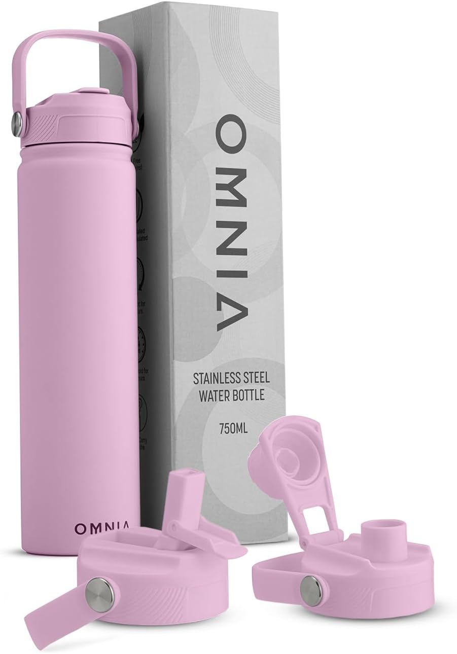 OMNIA Vacuum Insulated Stainless Steel Water Bottle, 2 Lids (Straw & Spout) Leakproof, BPA-Free, Reusable Flask, Hot & Cold Thermos for Sports, Gym, Travel, Outdoors (Soft Pink, 750ML)