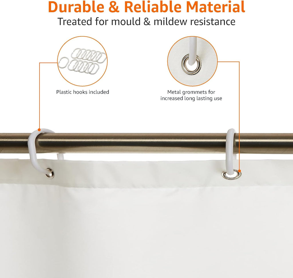 Shower Curtain, Water and Mould Resistant Fabric Bathroom Curtain with Grommets & Hooks, Machine Washable, 180 x 200 cm, White