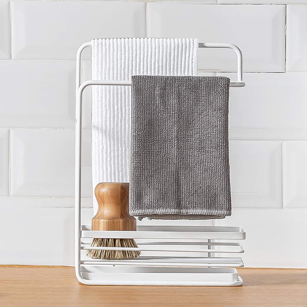 Sponge Holder with Drain Pan, Dishcloth Rack Kitchen Sink Caddy Organizer for Sponge Brush Soap Dish Rag
