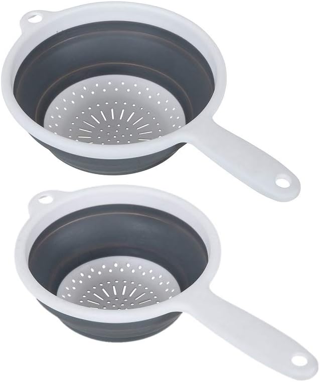 518406 Pop & Store 2 Pack Collapsible Food Colander with Handle, Set Includes 16.5cm & 24cm, White and Grey, Plastic
