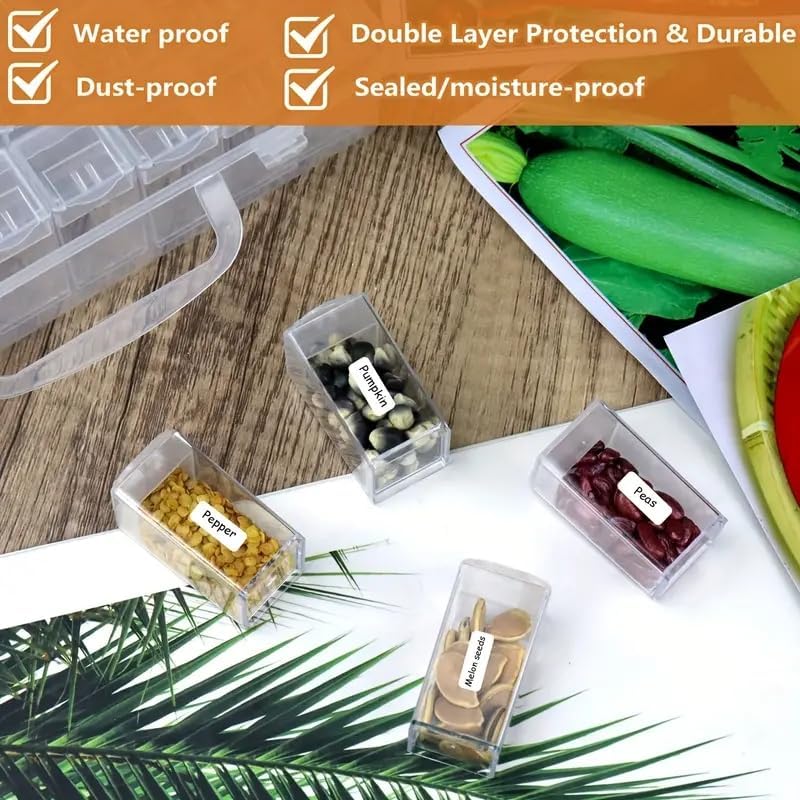 Seed Storage Box, 64 Slots Plastic Seed Storage Organizer Box with Label Stickers and Tweezers, Independent Compartment Design for Vegetable, Fruits, Flower, Chili Seeds (64 Slots)