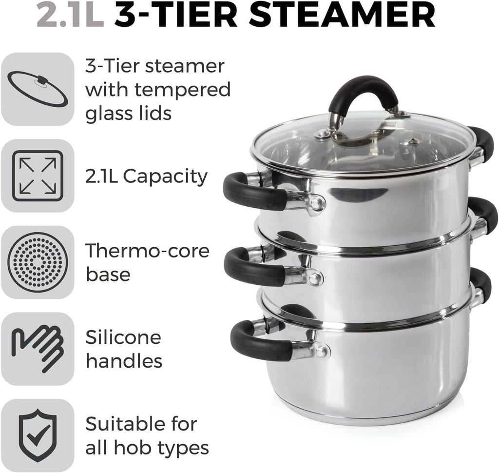 T80836 3-Tier Steamer with Encapsulated Base and Tempered Glass Lid with Steam Release Vent, Induction Compatible, Stainless Steel, Silver