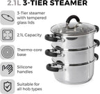 T80836 3-Tier Steamer with Encapsulated Base and Tempered Glass Lid with Steam Release Vent, Induction Compatible, Stainless Steel, Silver