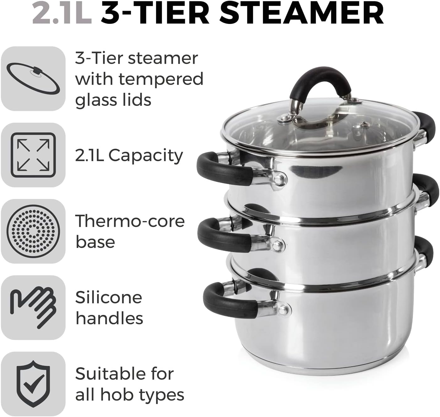 T80836 3-Tier Steamer with Encapsulated Base and Tempered Glass Lid with Steam Release Vent, Induction Compatible, Stainless Steel, Silver