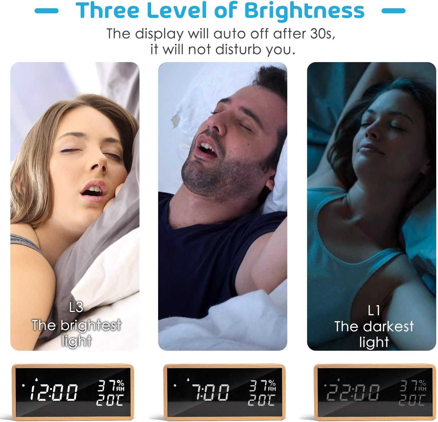 Alarm Clock Bedside, Wooden Digital Alarm Clocks Non Ticking, Adjustable Brightness & USB Charging for Bedside, Desk, Shelf