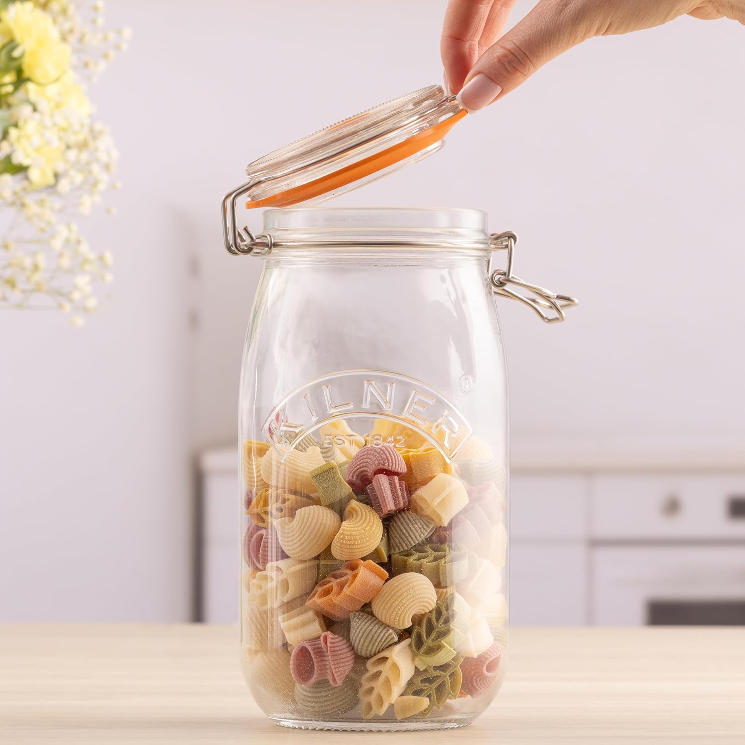 Clip Top Jar 1.5 Litre (1500 ml) Airtight Glass Storage Jar for Preserving Fruits Vegetables Coffee Tea Rice Flour Nuts Pasta