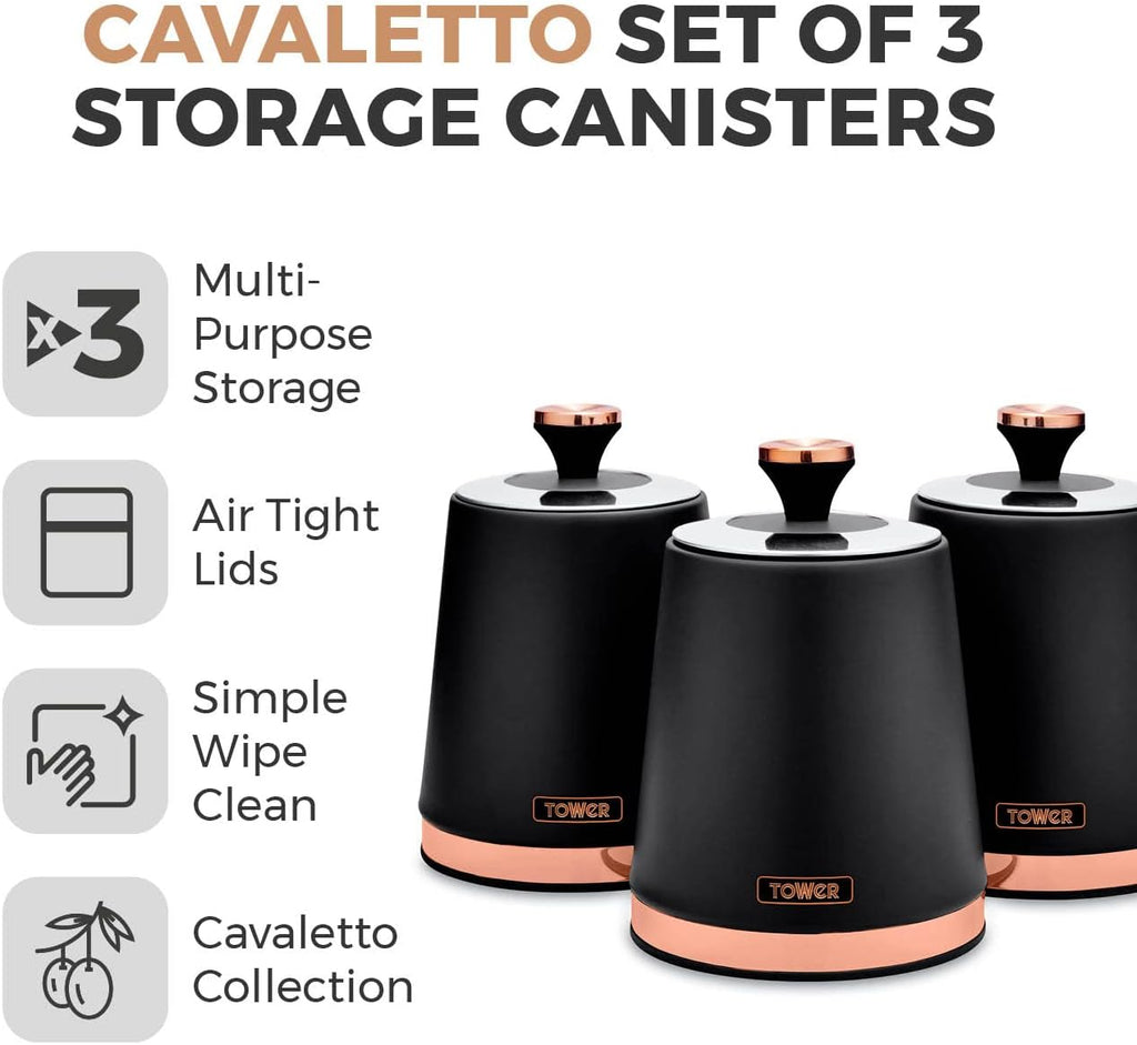T826131BLK Cavaletto Set of 3 Storage Canisters for Tea/ Coffee/ Sugar, Steel, Black and Rose Gold