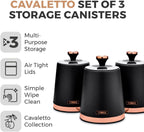 T826131BLK Cavaletto Set of 3 Storage Canisters for Tea/ Coffee/ Sugar, Steel, Black and Rose Gold