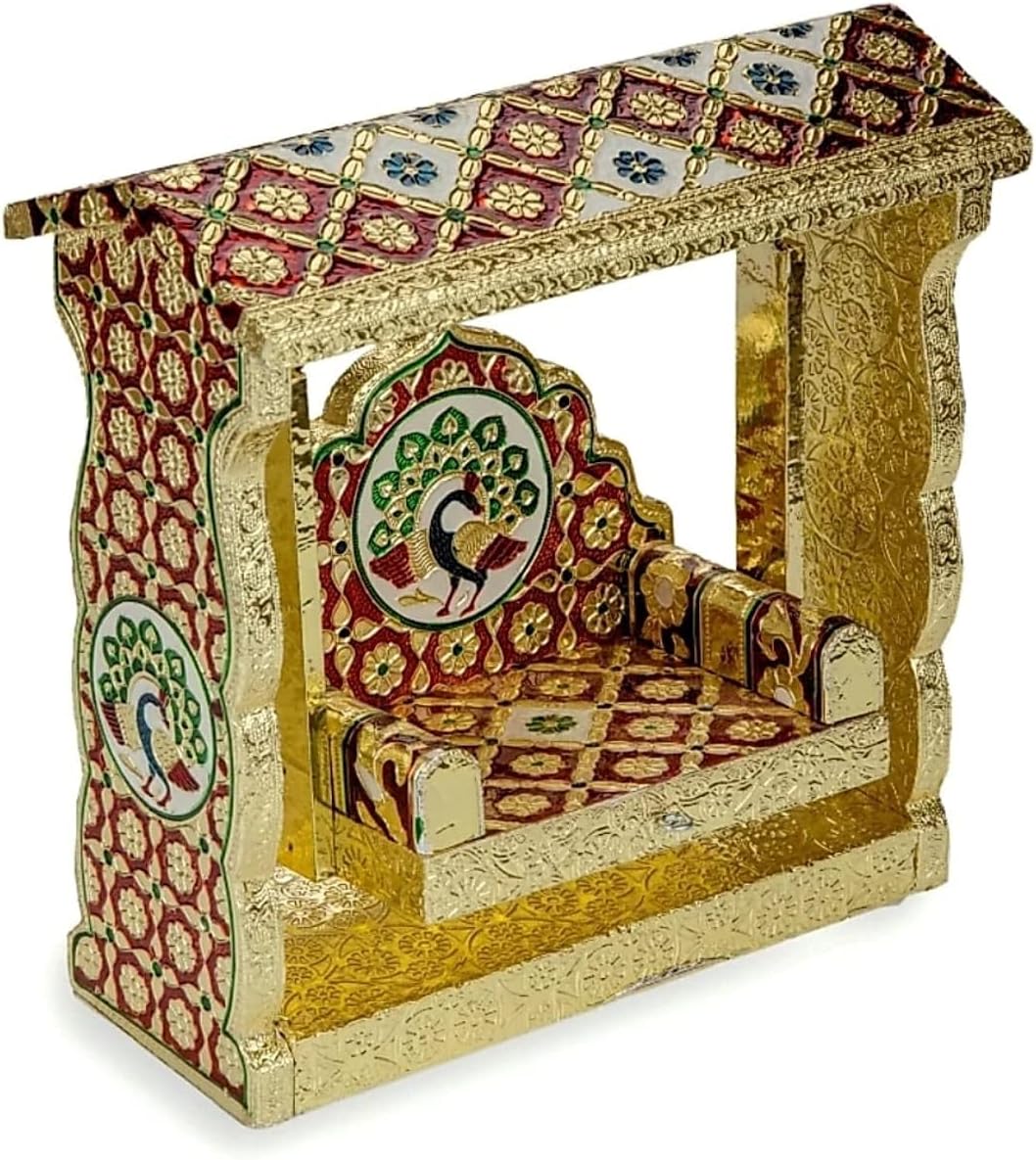 Decorative Laddu Gopal Jhula Wooden Handcrafted Velvet with Golden Work Jhula for Bal Gopal Idol/Krishna Jhula/Jhoola/Laddu Gopal for janmashtami Home Temple Decor(Height Size:-9 Inches)(Multicolour) Main image