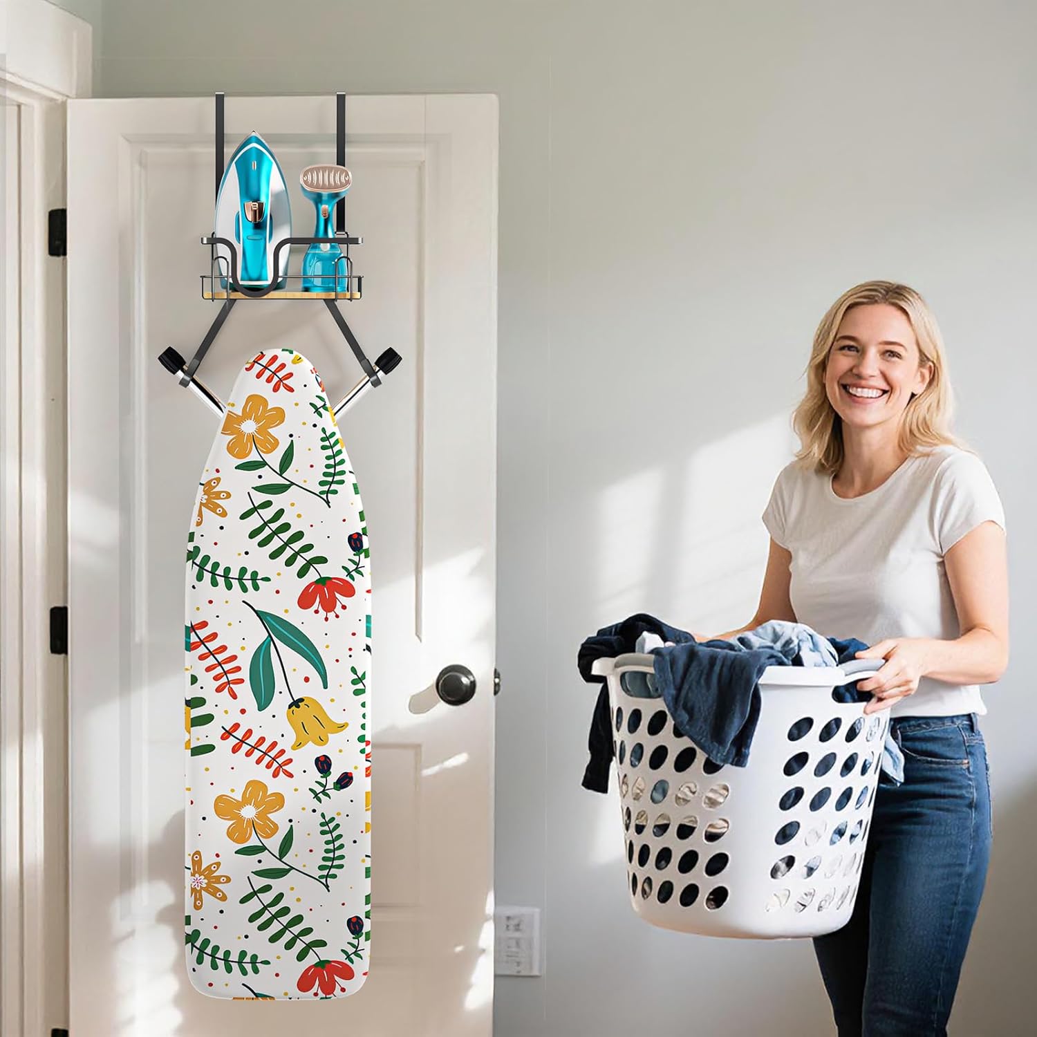 Wall Mount/Over The Door Ironing Board Hanger with Large Storage Basket & Removable Hooks, Iron and Ironing Board Holder Storage for Laundry Room (Black)