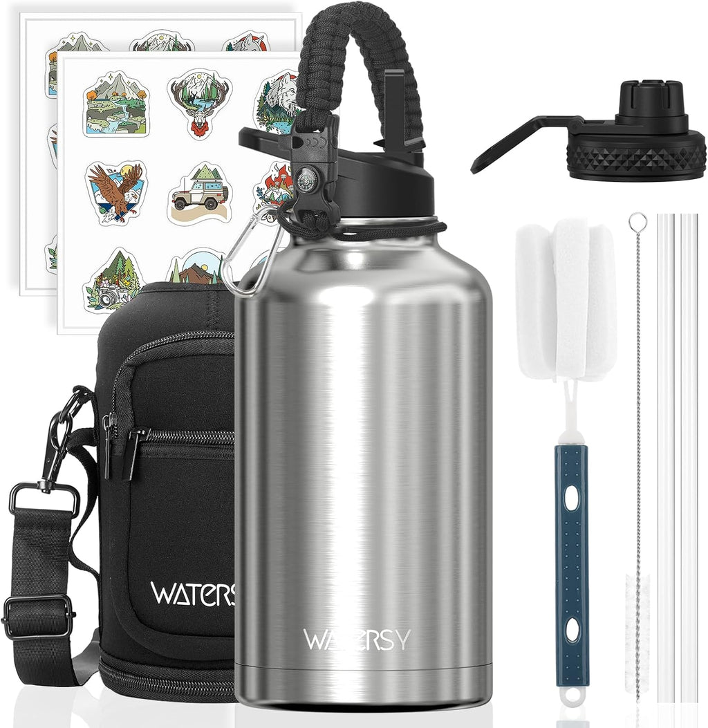 Stainless Steel Vacuum Insulated Water Bottle 64oz, Drink Flask Metal Water Bottles 1890ml with 2 Lids Leakproof (Straw Lid and Spout Lid) Keep 24 Hours Cold Drinks for Sport, Work, Travel