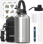 Stainless Steel Vacuum Insulated Water Bottle 64oz, Drink Flask Metal Water Bottles 1890ml with 2 Lids Leakproof (Straw Lid and Spout Lid) Keep 24 Hours Cold Drinks for Sport, Work, Travel