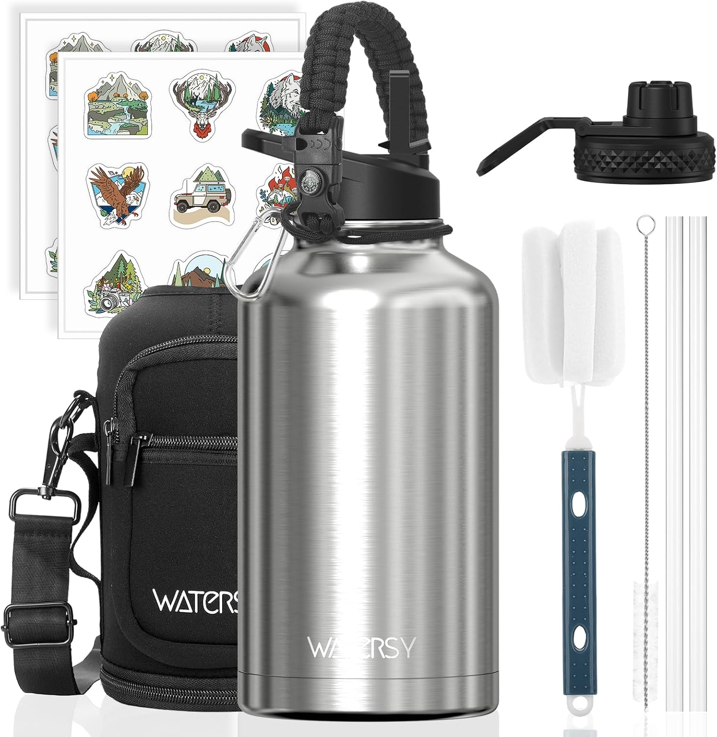 Stainless Steel Vacuum Insulated Water Bottle 64oz, Drink Flask Metal Water Bottles 1890ml with 2 Lids Leakproof (Straw Lid and Spout Lid) Keep 24 Hours Cold Drinks for Sport, Work, Travel