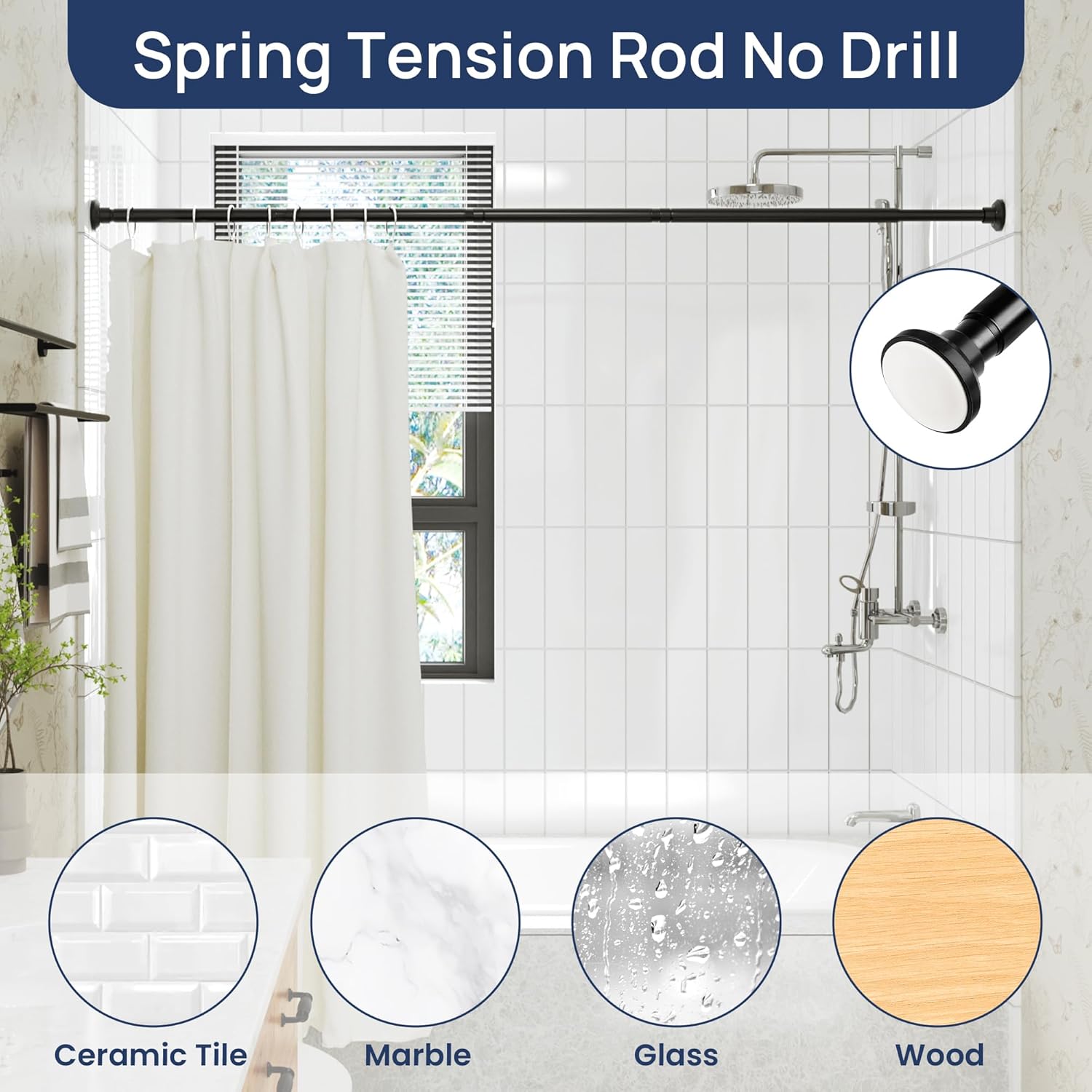 Matte Black Shower Curtain Pole 84 to 183 cm, 1 Inch Extendable Tension Rods for Curtains No Drill, Shower Rail for Bathroom, Closet, Window, Room Divider, Never Rust, Non Slip