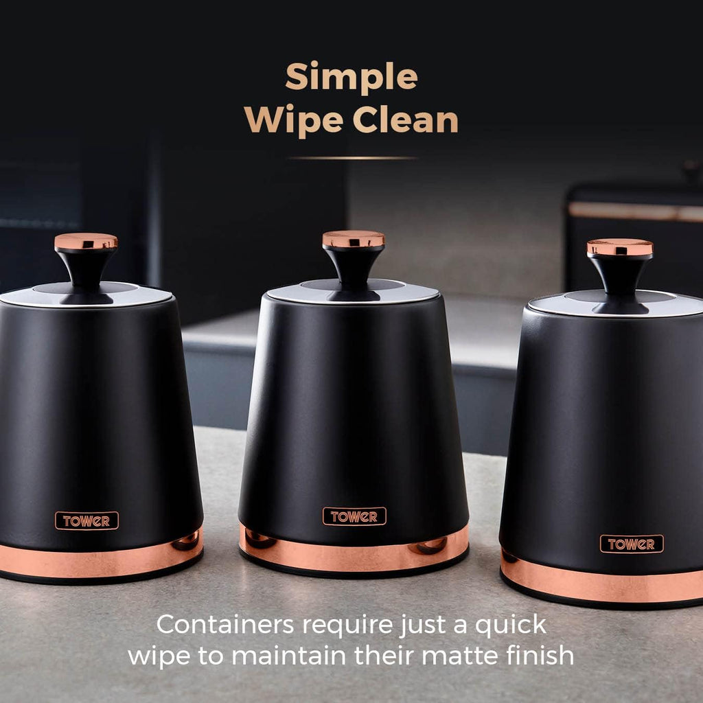 T826131BLK Cavaletto Set of 3 Storage Canisters for Tea/ Coffee/ Sugar, Steel, Black and Rose Gold