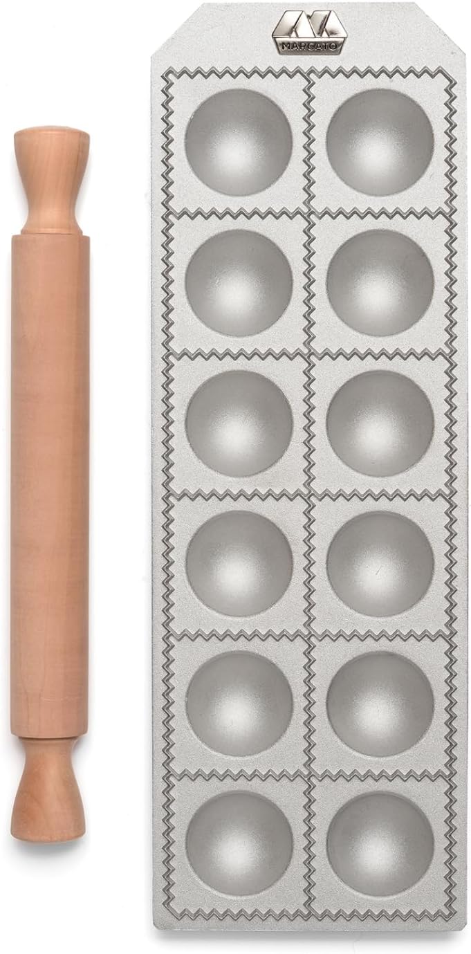 Ravioli Maker Press, Ravioli Machine, Homemade Ravioli Cutter, 50 mm Round Cut, Ample Filling Space, Wooden Rolling Pin Included, Made in Italy