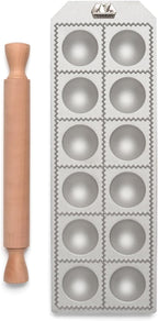 Ravioli Maker Press, Ravioli Machine, Homemade Ravioli Cutter, 50 mm Round Cut, Ample Filling Space, Wooden Rolling Pin Included, Made in Italy