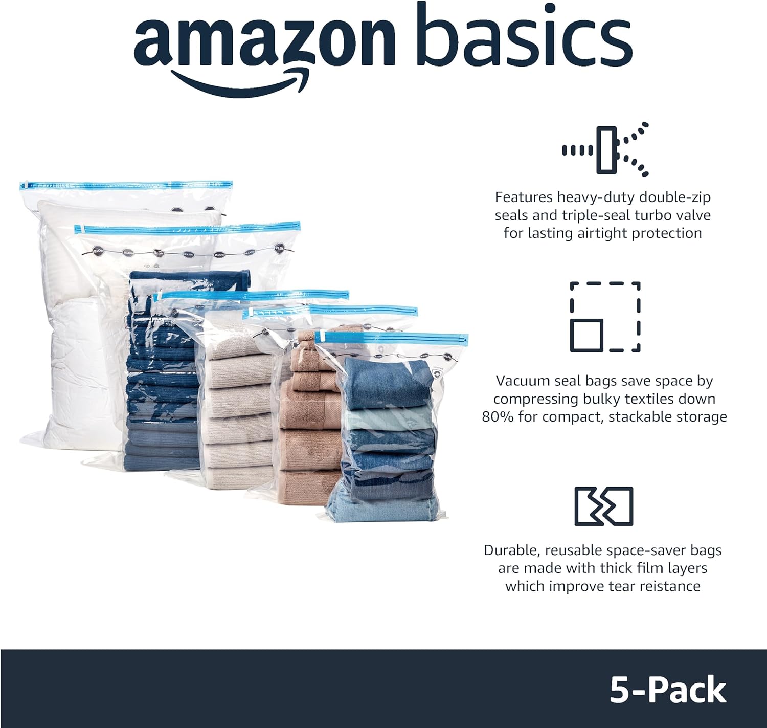 Vacuum Compression Zipper Storage Bags with Airtight Valve and Hand Pump, Large, 5-Pack, Clear Secondary image
