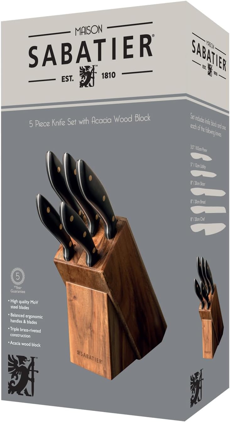 Sabatier Maison 5 Piece Kitchen Knife Set with Acacia Wood Block.