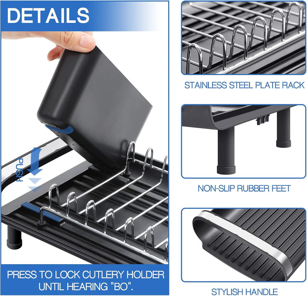 Small Dish Drainer, Expandable Dish Drainer Rack, Dish Rack With Removable Cutlery Holder, Anti Rust Small Sink Drainer, Expandable Draining Board Rack For Kitchen Counter, Black