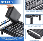 Small Dish Drainer, Expandable Dish Drainer Rack, Dish Rack With Removable Cutlery Holder, Anti Rust Small Sink Drainer, Expandable Draining Board Rack For Kitchen Counter, Black