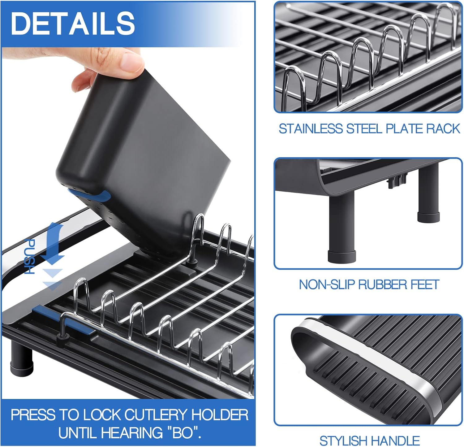 Small Dish Drainer, Expandable Dish Drainer Rack, Dish Rack With Removable Cutlery Holder, Anti Rust Small Sink Drainer, Expandable Draining Board Rack For Kitchen Counter, Black