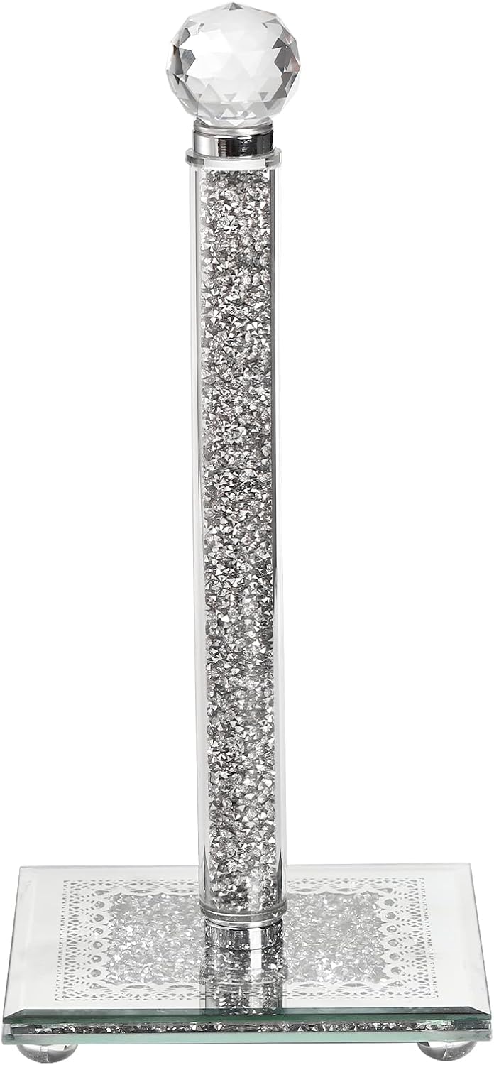 Suwimut Paper Towel Holder Countertop, Silver Standing Paper Towel Roll Dispenser Holder with Square Weighted Base, Tissue Holder Filled with Sparkly Crystal Crushed Diamond for Kitchen Bathroom