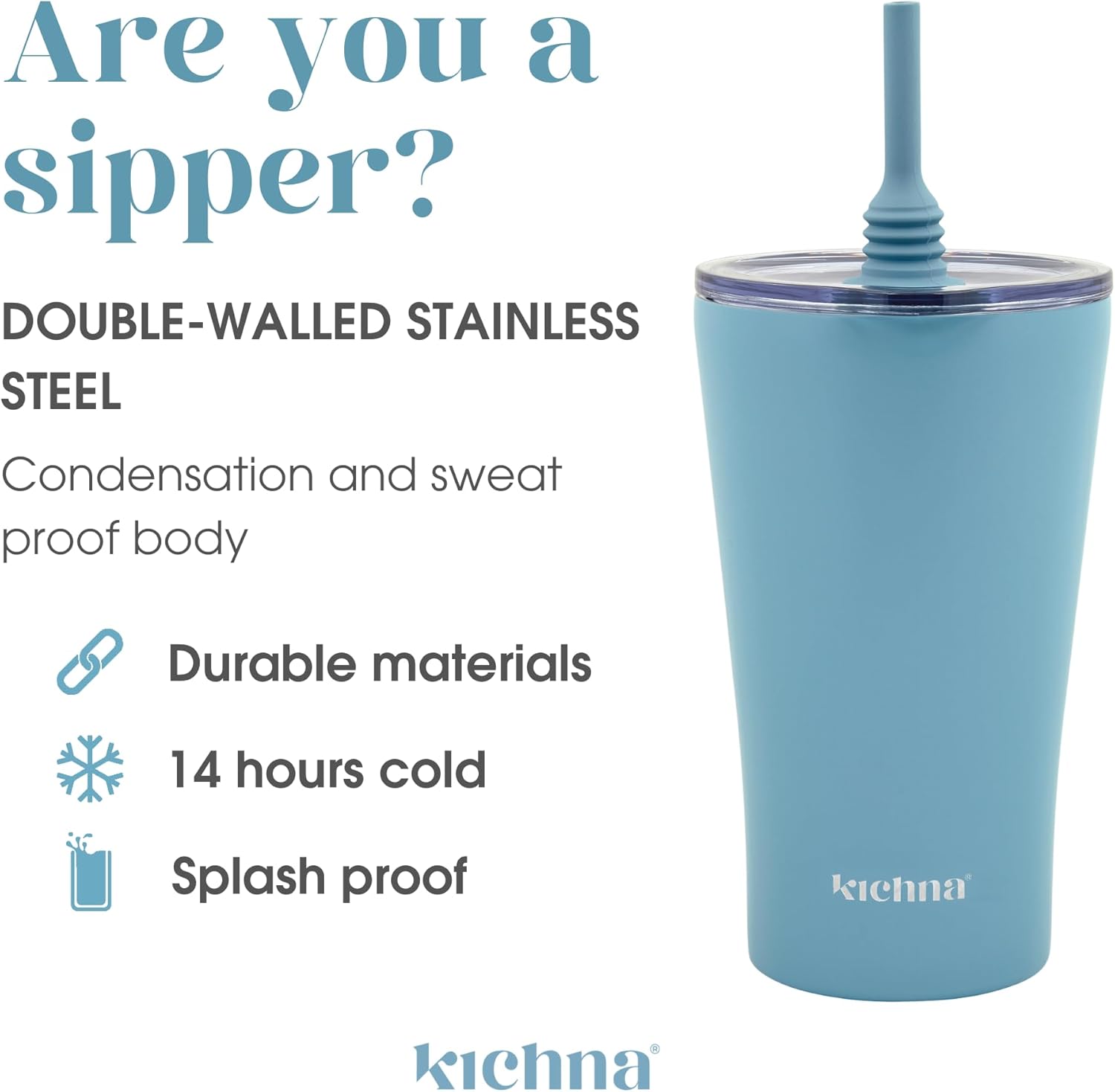 The Sipper Stainless Steel Insulated Tumbler with Straw and Lid Double Walled BPA Free Splash Proof Travel Cup for Cold Drinks 550ml - Powder Blue
