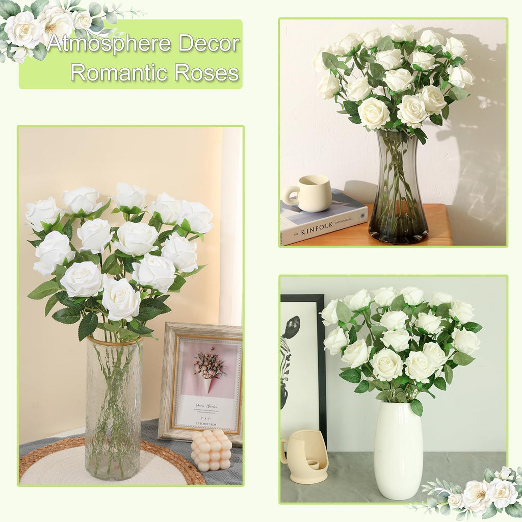15Pcs Small Fake Roses Velet Roses Long Stem Artificial Flowers Silk Flowers for Home Wedding Decoration (Pearl Roses,White)