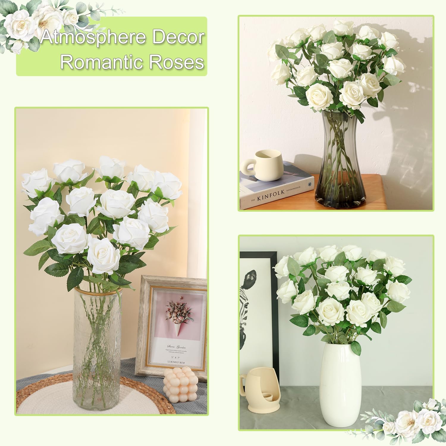 15Pcs Small Fake Roses Velet Roses Long Stem Artificial Flowers Silk Flowers for Home Wedding Decoration (Pearl Roses,White)