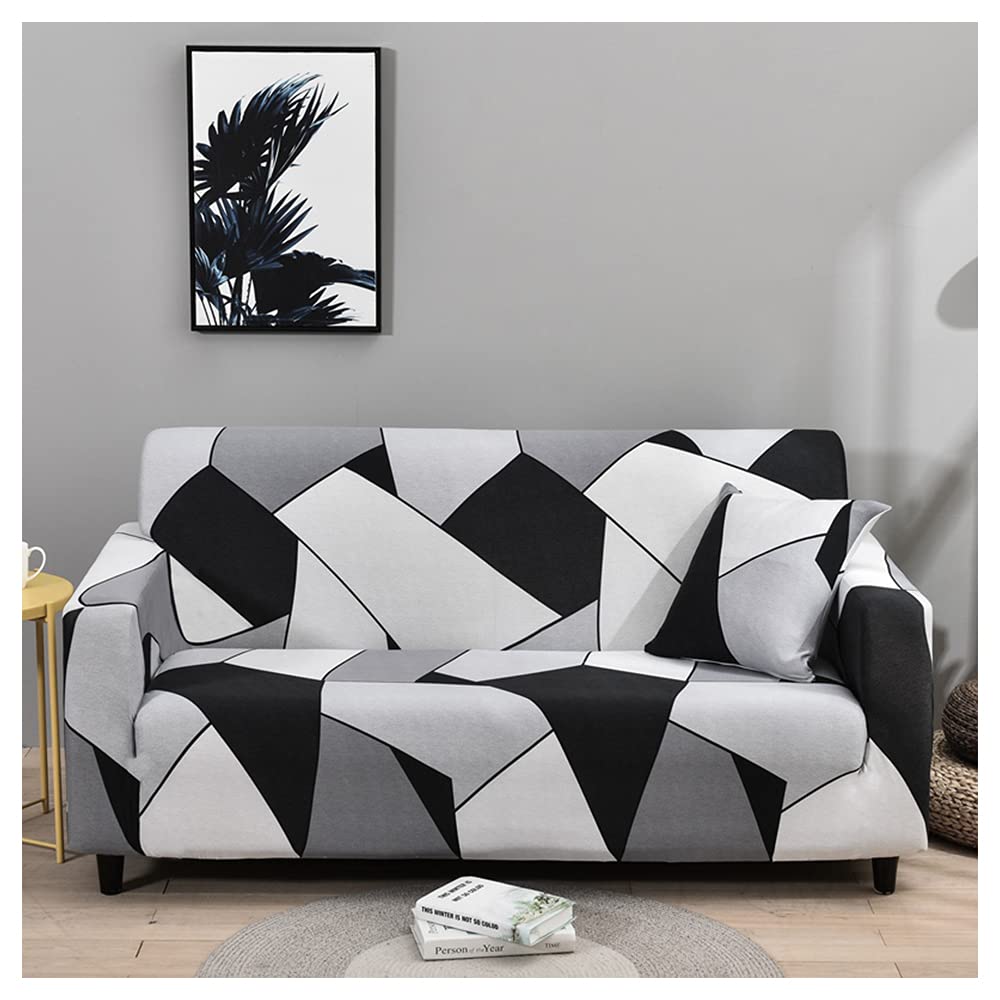 Sofa Cover, High Stretch Elastic Fabric 1 2 3 Seater Sofa Slipcover Chair Printed Couch Cover Non Slip Furniture Protector Cover, Machine Washable (3 Seater,Black White Grey)