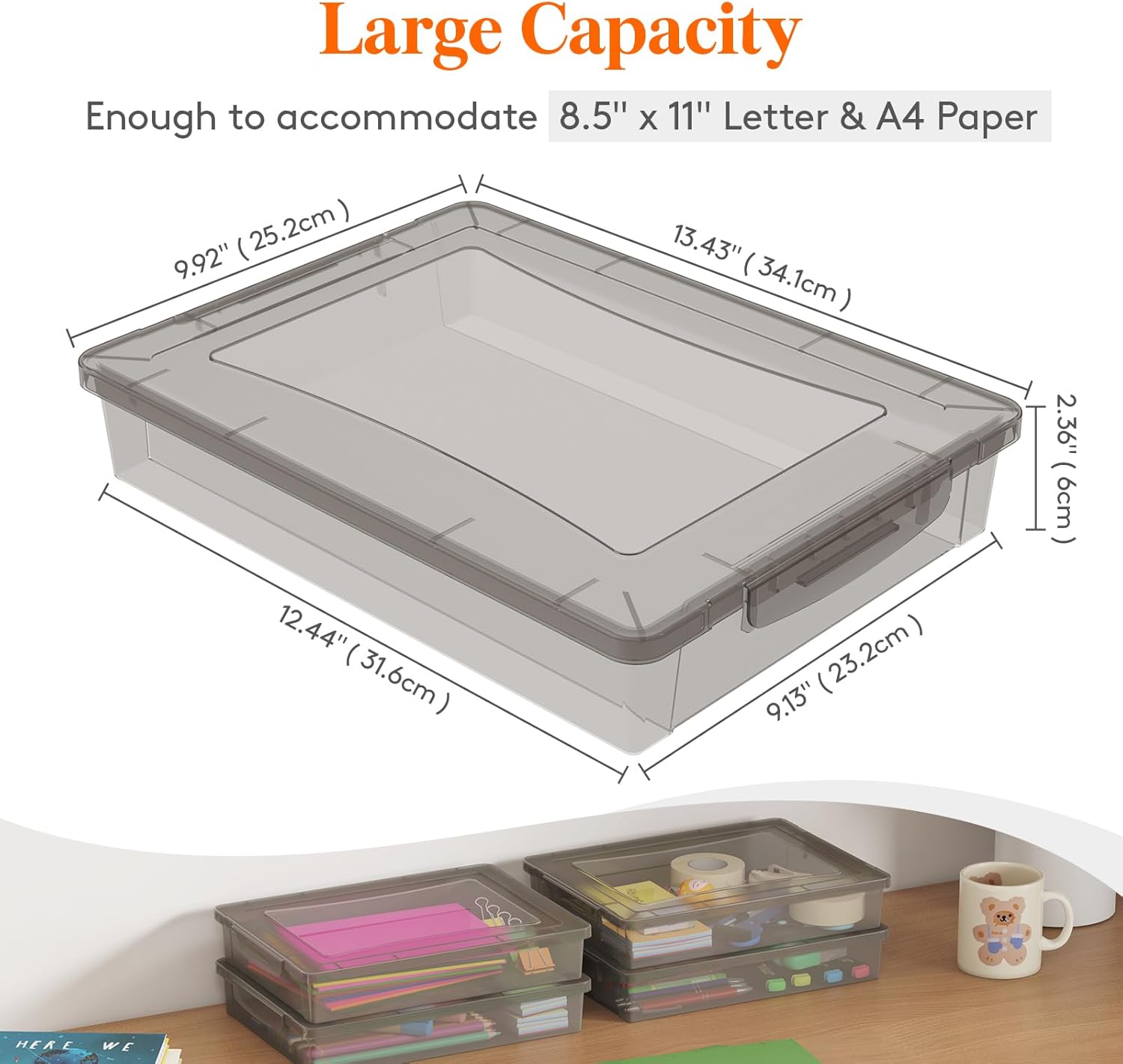 2 Pack Plastic Multi-Purpose Storage Box with Latching Lids, Gray A4 Paper Storage, Classroom Organization, Storage Containers for Board Game, Craft, Document, Magazine, Art Supplies