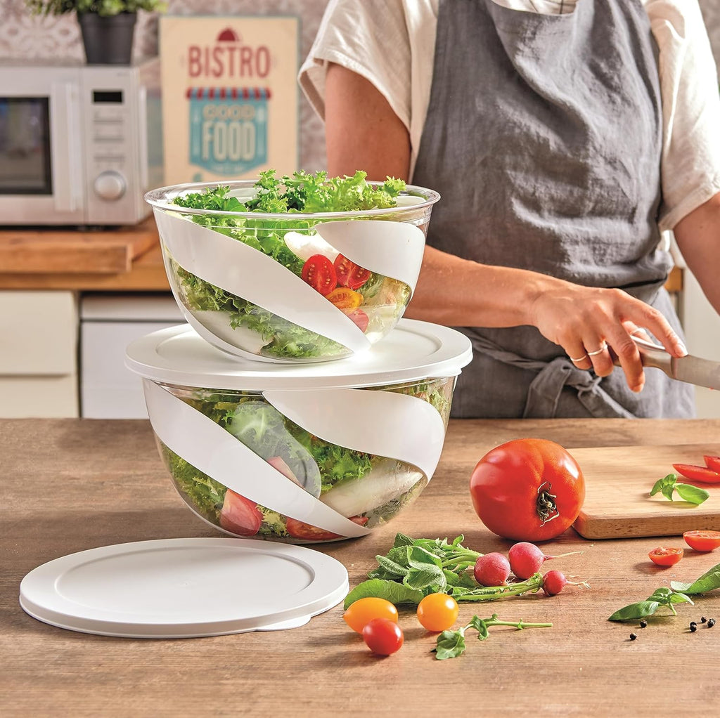 Salad Bowl for Salad and Vegetables, Salad Bowl Set 3 and 5L, Bowl with Lid to Save Freshness Resistant Washable, Stackable Food Containers, Kitchen Bowls White Made in Italy