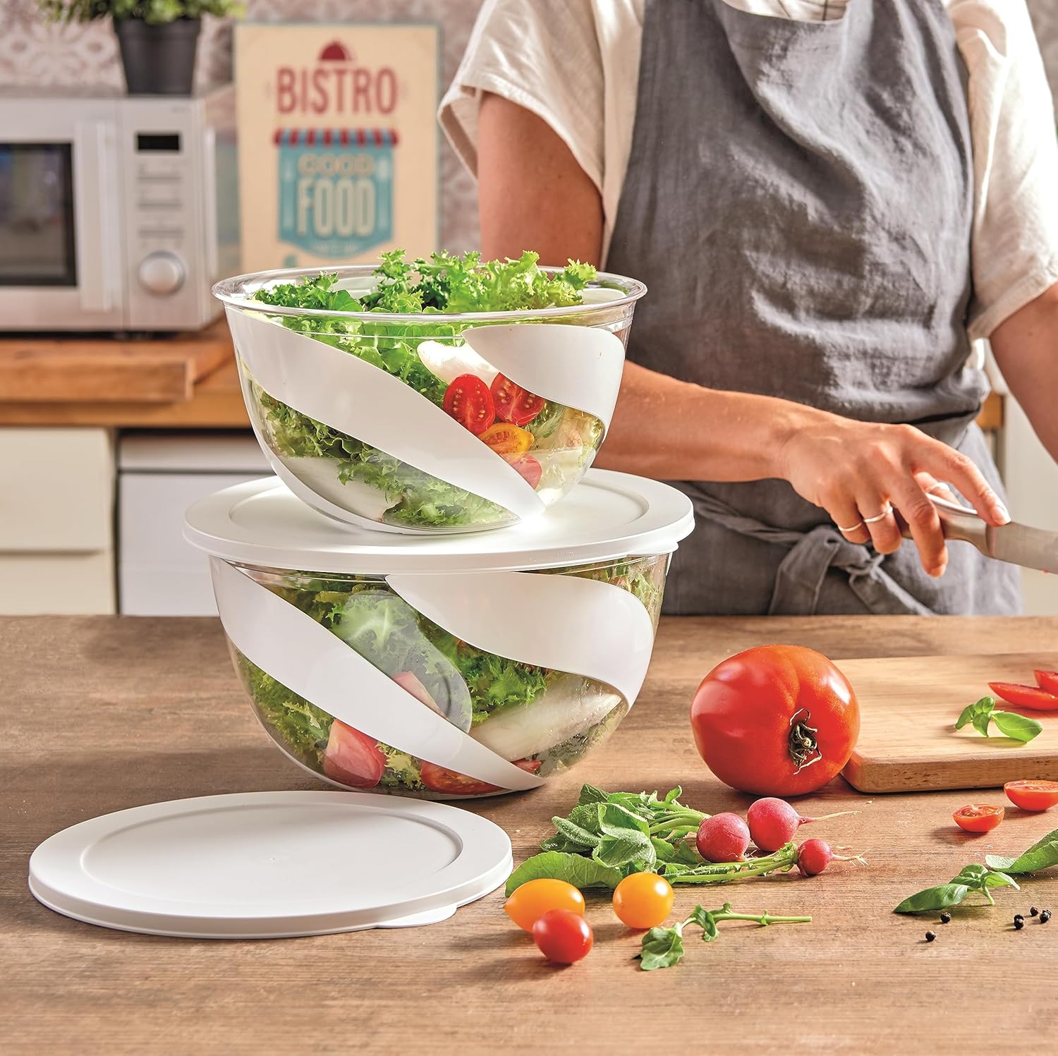 Salad Bowl for Salad and Vegetables, Salad Bowl Set 3 and 5L, Bowl with Lid to Save Freshness Resistant Washable, Stackable Food Containers, Kitchen Bowls White Made in Italy