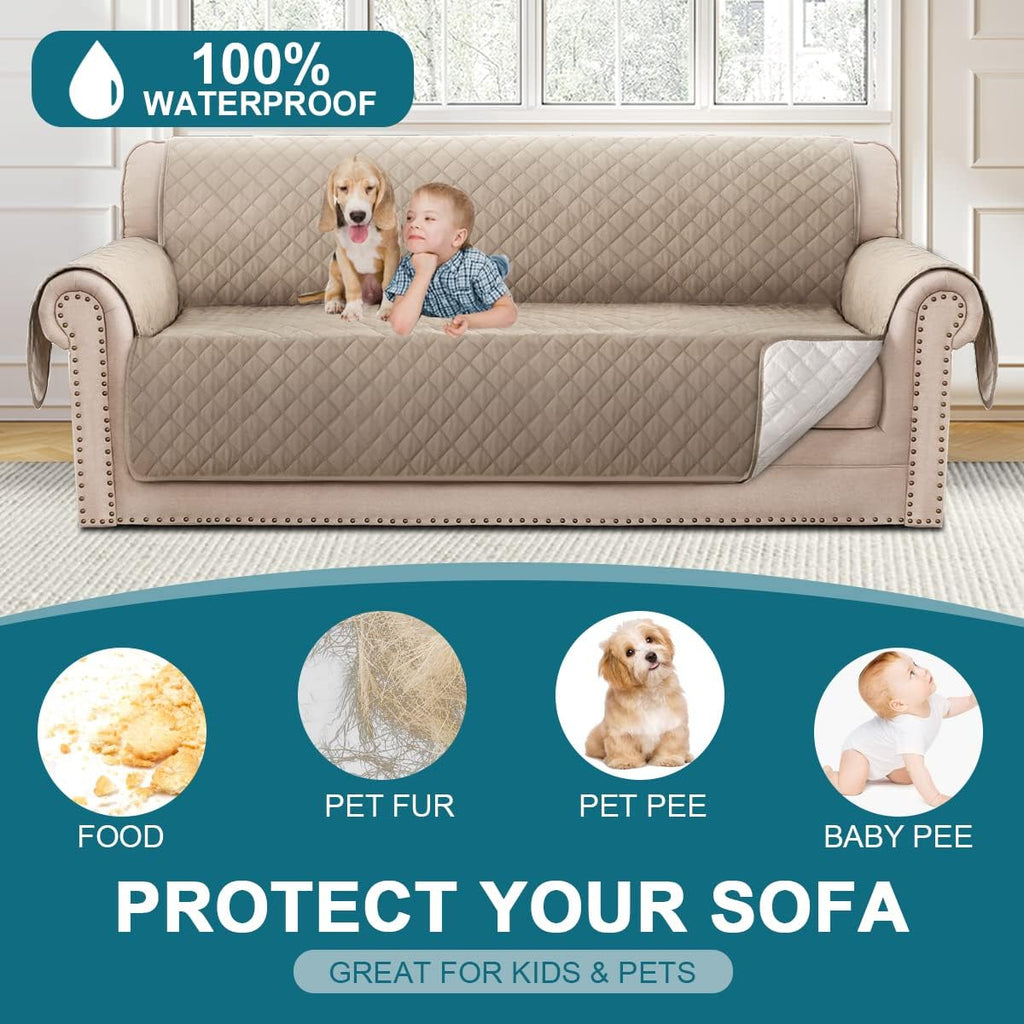 Sofa Cover 100% Waterproof Sofa Cover 3 seater Sofa Slipcovers Triple Non-Slip Couch Covers 3 Seater Washable Sofa Protector with Elastic Strap for Kids/Pets (Sofa 70", Khaki)