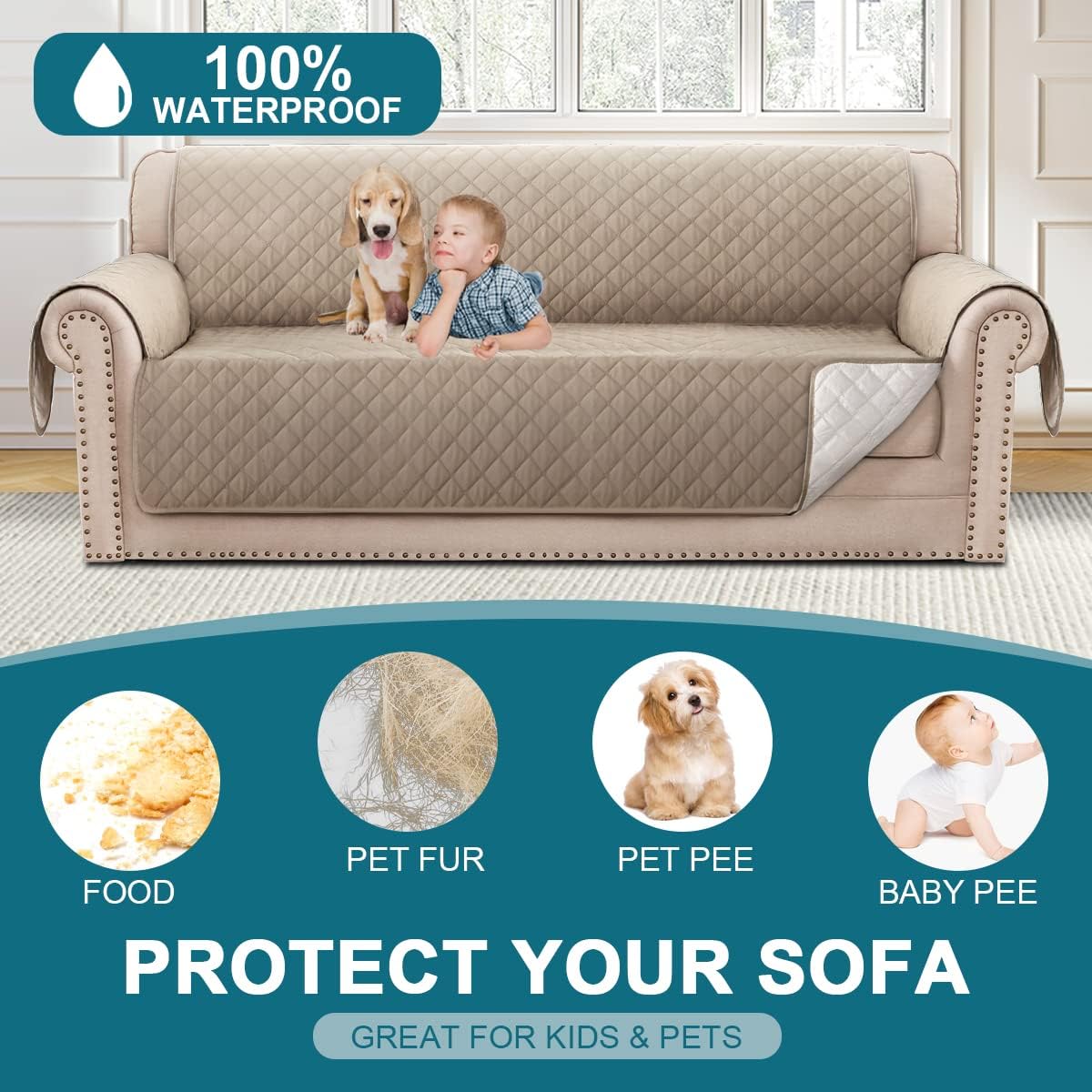 Sofa Cover 100% Waterproof Sofa Cover 3 seater Sofa Slipcovers Triple Non-Slip Couch Covers 3 Seater Washable Sofa Protector with Elastic Strap for Kids/Pets (Sofa 70", Khaki)