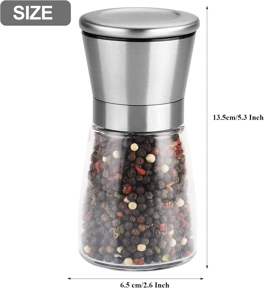 Stainless Steel Salt and Pepper Grinder, Refillable and Adjustable Coarseness Manual Pepper Mill, 5.3"x 2.5" Professional Grinder for Spices and Seeds, Fits in Home, Kitchen, Outdoor (2 Packs)