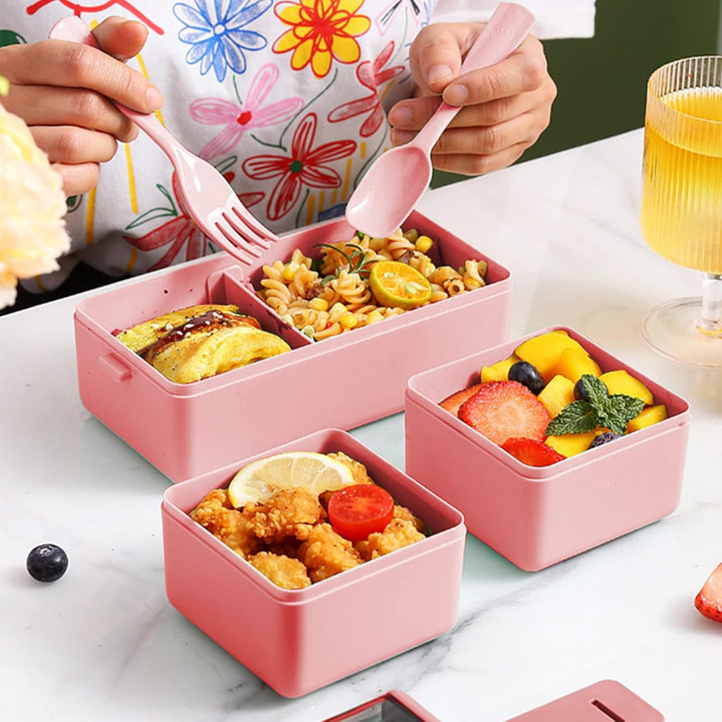 Jsdoin Bento Lunch Box Stackable,1400ml Containers with 3 Removable Compartments and Cutlery, Leak Proof 2 Layer Boxes, for Adults Kids Office Microwave Dishwasher Safe Available(pink)