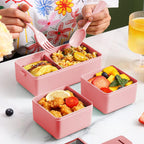Jsdoin Bento Lunch Box Stackable,1400ml Containers with 3 Removable Compartments and Cutlery, Leak Proof 2 Layer Boxes, for Adults Kids Office Microwave Dishwasher Safe Available(pink)