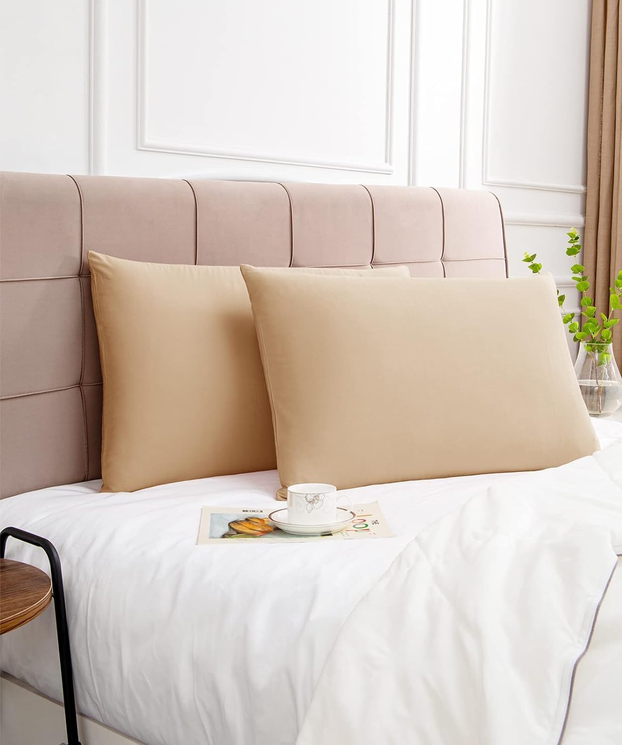 Khaki Cotton Pillow Cases 2 Pack, 600 Thread Count Soft Pillowcases Breathable,Satin Weave Long Staple Cotton Pillow Case Hotel Quality Hypoallergenic with Envelope Closure,50 X 75 CM