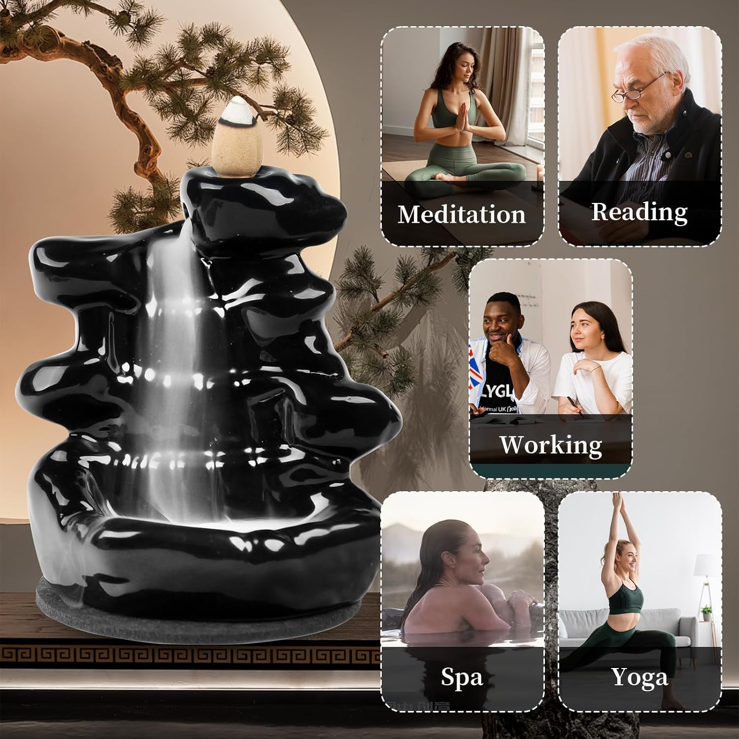Waterfall Backflow Incense Burner, Ceramic Incense Cone Holder with 60 Cones, Tongs and Table Mat, Home Decor for Meditation, Relaxation, Purification, Yoga Gifts