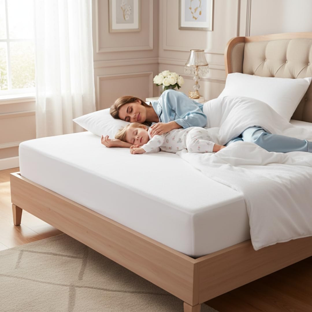 100% Waterproof Mattress Protector - 15 Cm Deep Stretch Skirt – Cot Bed (70x140) Cm Terry Towel Mattress Topper – Anti Allergy and Breathable Fitted Mattress Cover. (Cot Bed(70x140+15) Cm)