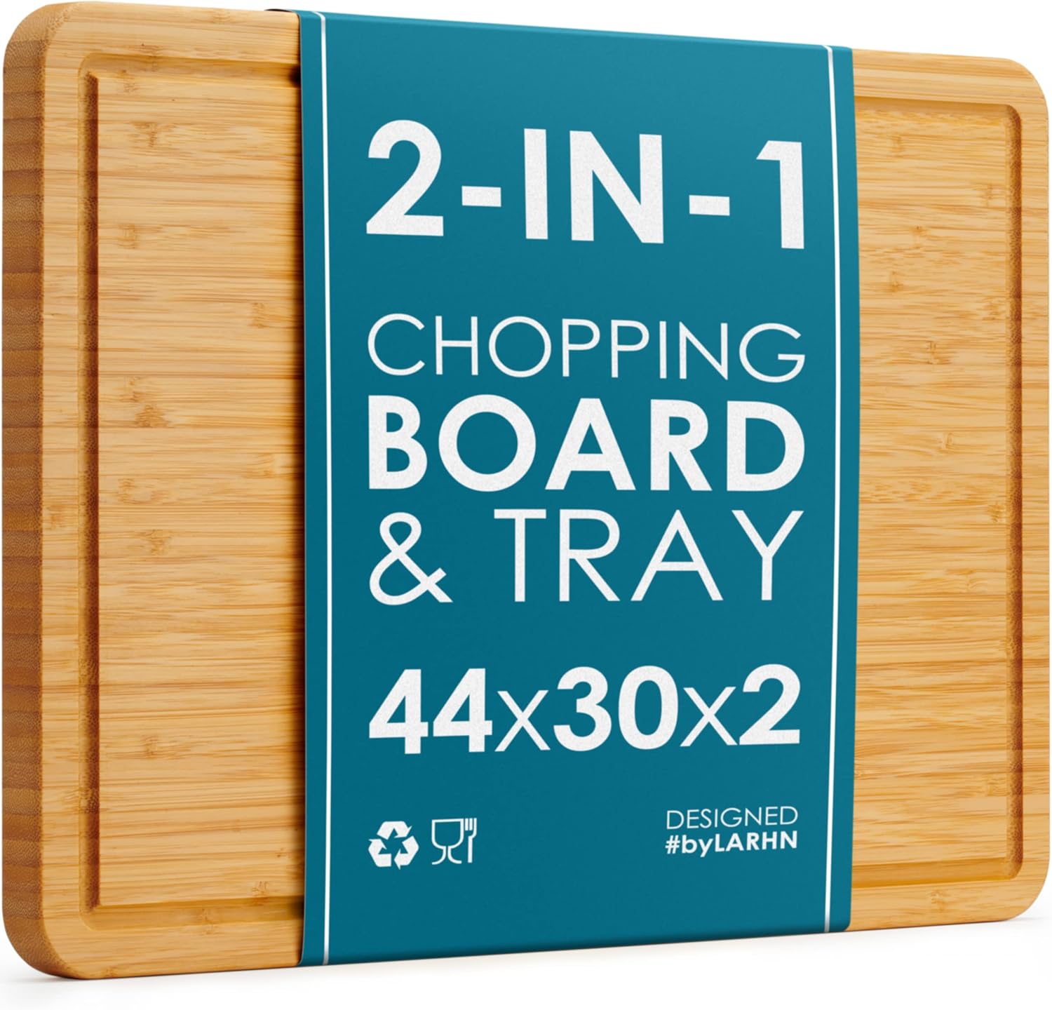 Premium Organic 2-in-1 Extra-Large Wooden Chopping Board & Serving Tray – 44x30x2cm – Multi-Purpose Bamboo Cutting Board with Juice Groove for Carving Meat, Vegetables, Cheese and Bread – by LARHN Main image